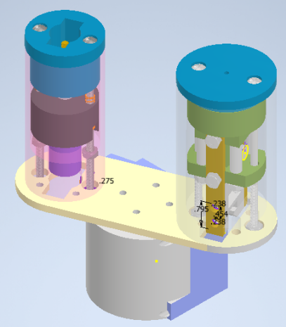 CAD view of the barrel-switching assembly with two mechanisms on its turntable